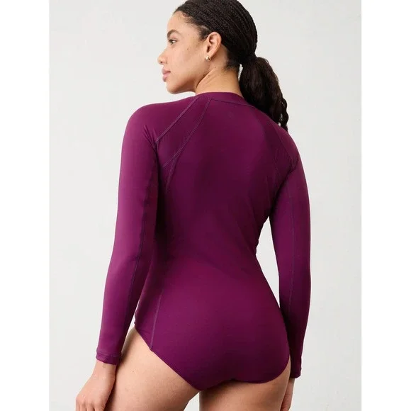 New Athleta One Piece Swimsuit XL Rashguard Purple Long Sleeve NWT Front Zip - Picture 2 of 9